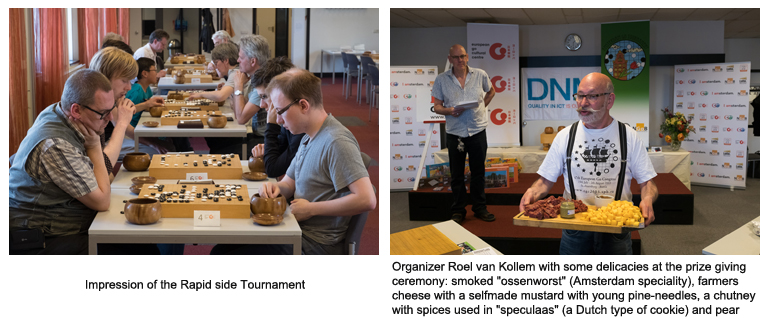 Image 1: Impression of the Rapid side Tournament; Image 2: Organizer Roel van Kollem with some delicacies at the prize giving ceremony: smoked